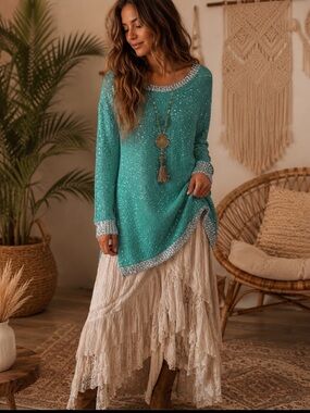 Reba Turquoise Sequin Knit Top with Silver Trim